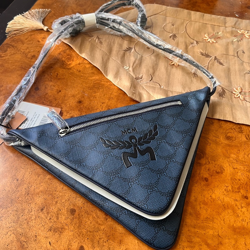 NEW w/ Tags MCM Navy Blue Himmel Triangle Crossbody With Dustbag+Warranty+COA